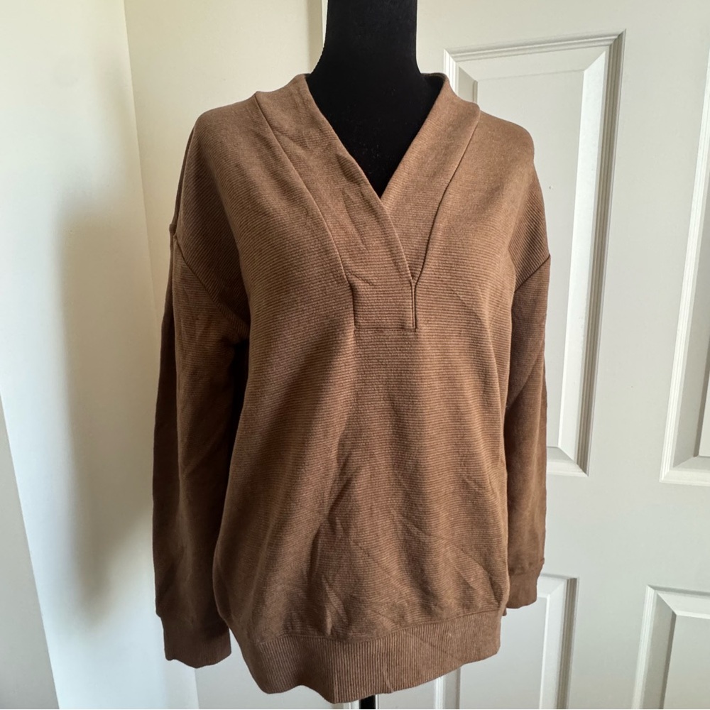 Lands' End Brown Knit V-Neck Women’s Pullover Sweater Stretch Cotton Blend S